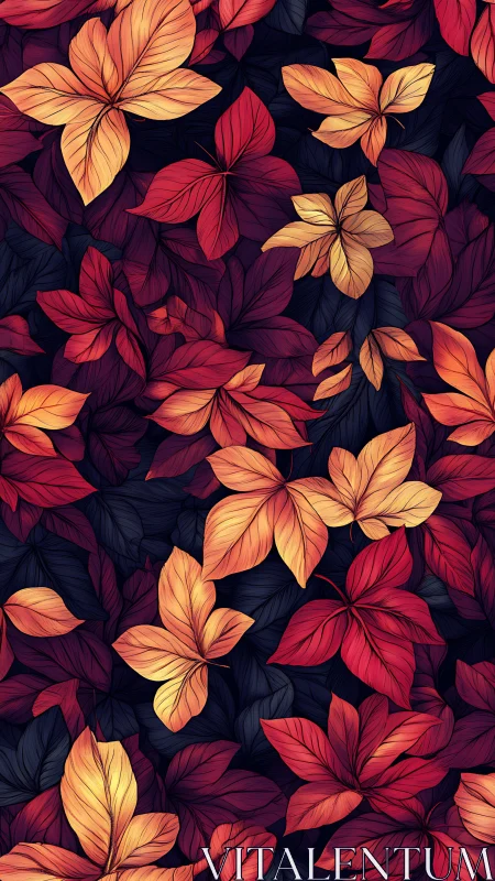Autumn foliage pattern with red and gold leaves on black