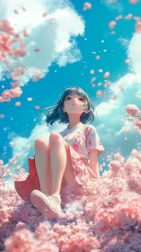 Anime girl seated in pastel cherry blossoms under sky.