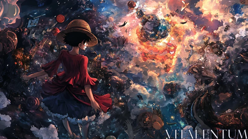 Anime panoramic sky odyssey with dynamic atmospheric depth.