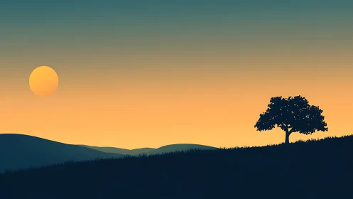 Golden hush over rolling hills and a solitary tree at dusk.