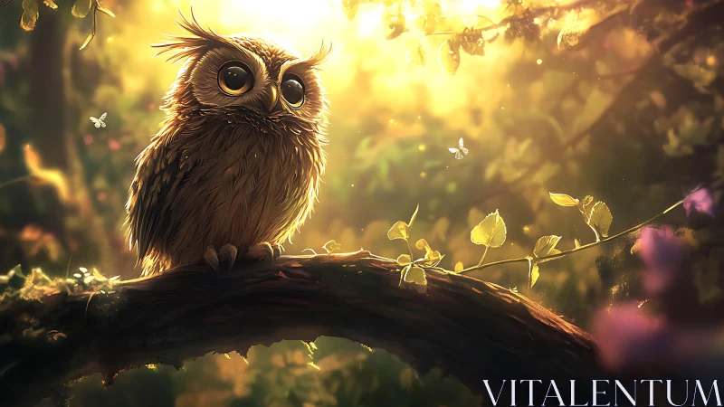 Whimsical owl perched on branch in magical golden forest light.