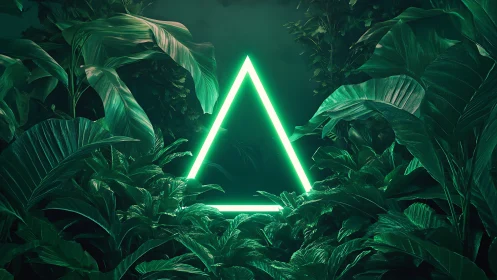 Neon triangle glows within dense emerald jungle foliage.