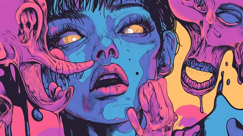 Neon surreal portrait merges human face with melting skulls