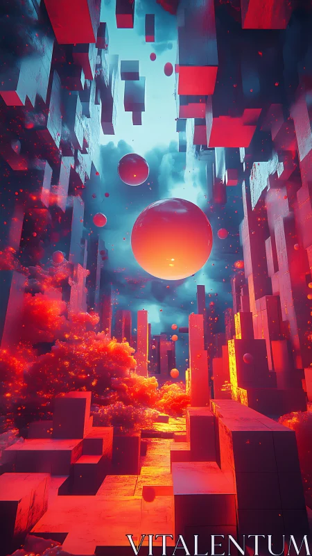 Geometric corridor with floating spheres and dense clouds.