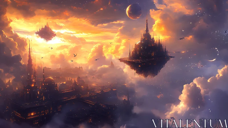 Floating fortress structures occupy a luminous clouded sky