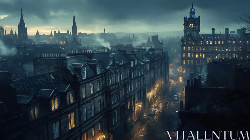 Moody Victorian city street glows under stormy twilight skies.
