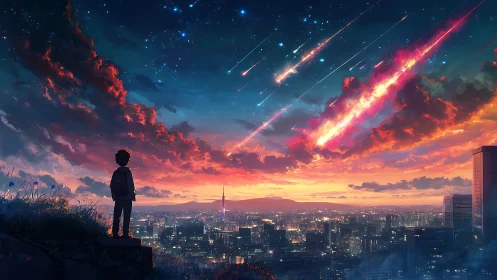 Boy watches blazing meteor shower over illuminated city