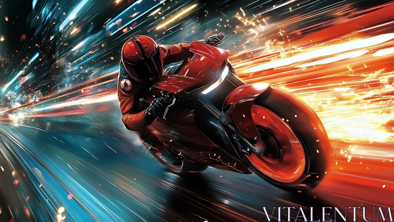 Futuristic red superbike racing through blazing neon tunnel.