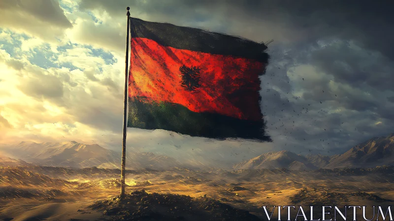 Weathered red and black flag over arid mountainous plain.