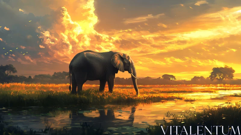 Sunlit savanna wanderer bathing in molten horizon glow.