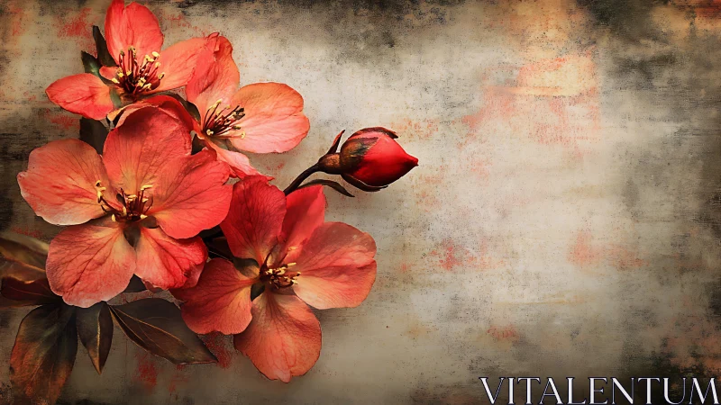 Coral Blooms Against Distressed Surface Rendered with Textural Overlay