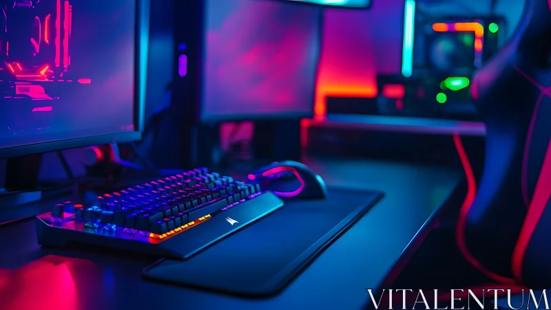 RGB-lit gaming battlestation with mechanical keyboard in shallow focus