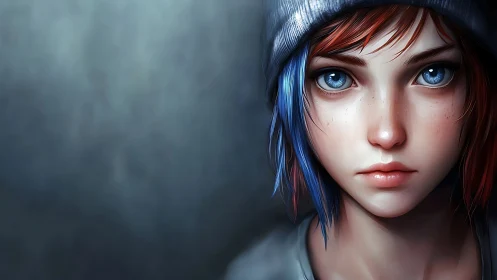 Portrait of blue-eyed youth in beanie with two-tone hair.
