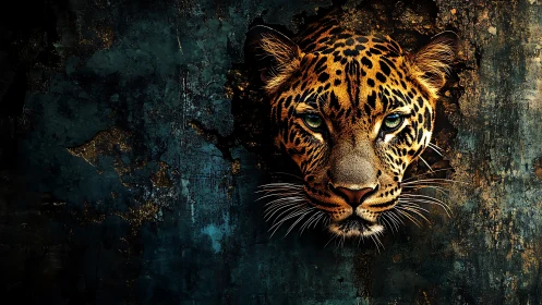 Leopard head emerges through textured grunge wall with high contrast