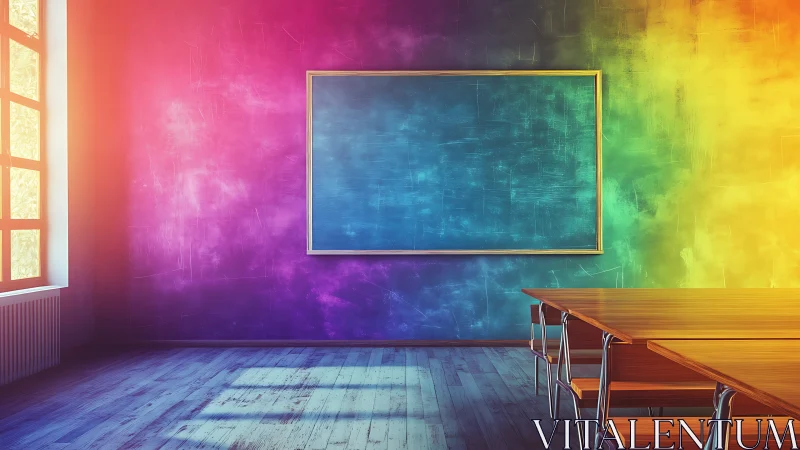 Vibrant gradient classroom interior with central blue chalkboard