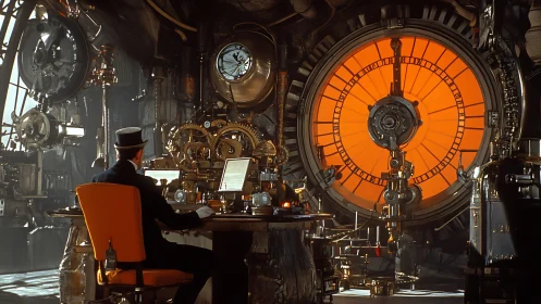 Curious inventor studies a glowing steampunk time engine