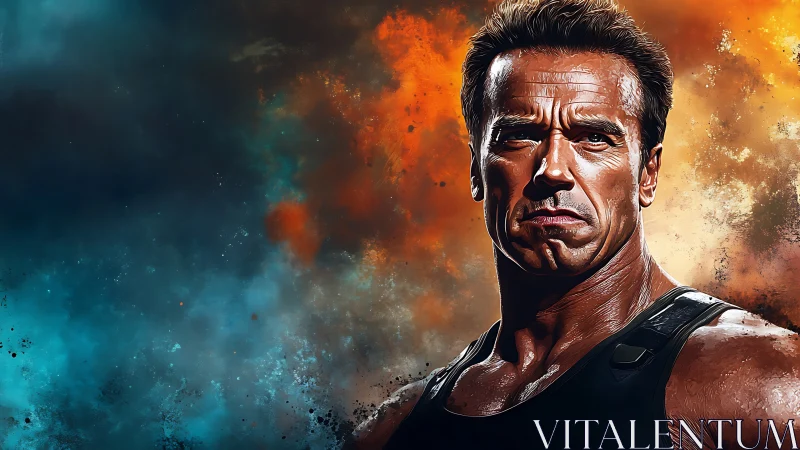 Smoldering action hero stands strong against fiery sky