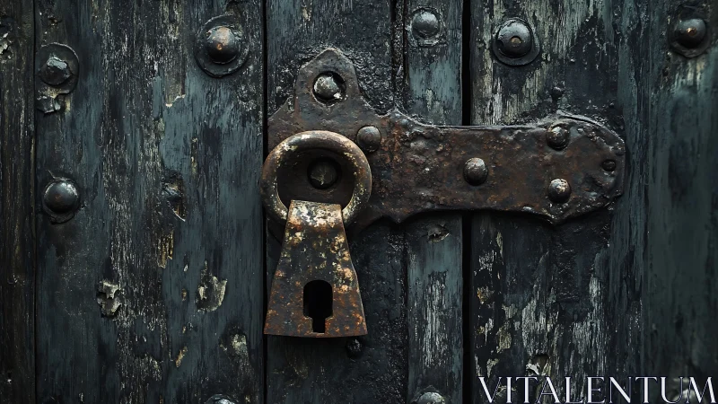 Rusty metal padlock on weathered dark wooden door surface.