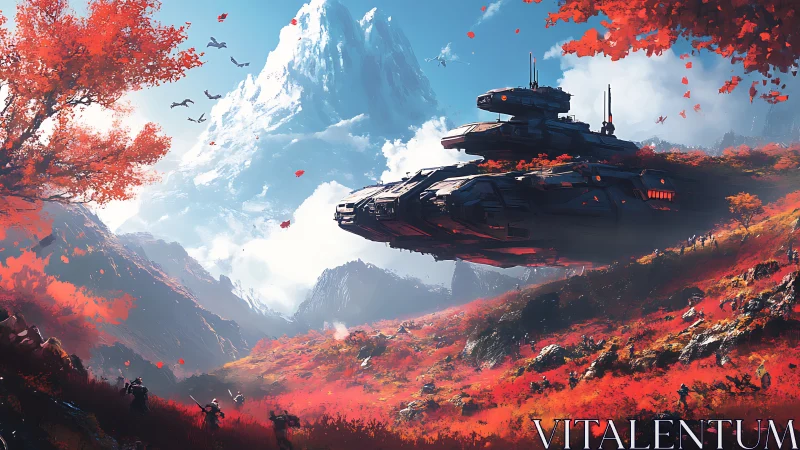 Starship drifting above crimson autumn mountain valley.