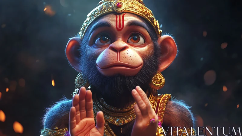 High-detail 3D render of childlike monkey deity with ornate jewelry