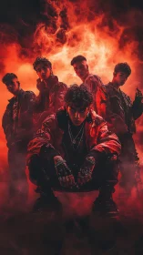 Intense streetwear crew posed in red inferno haze portrait.