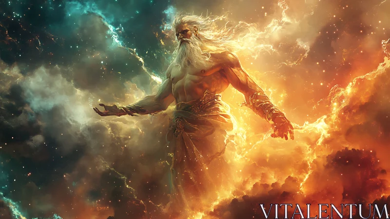 Starborn stormfather strides through molten cosmic clouds.