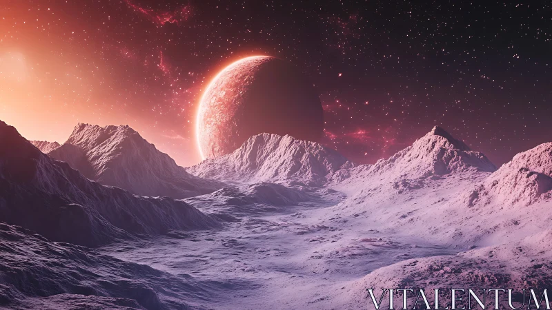 Peaceful alien sunrise over soft, frosted pink mountains.
