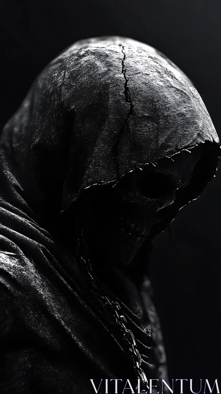 Specular hooded skull effigy in high contrast chiaroscuro.