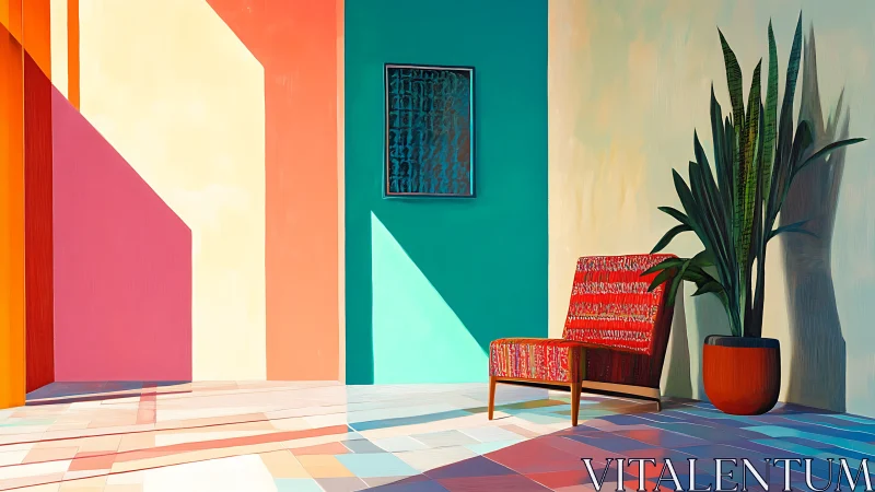 Modernist interior study with chromatic geometric shadows.