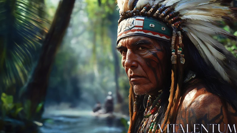 Warrior elder in feathered headdress within jungle light.