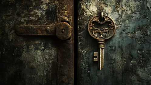 Ancient brass key hangs beside a weathered rusted lock