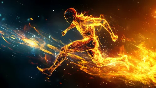 Flaming runner sprinting through a cosmic night blaze.