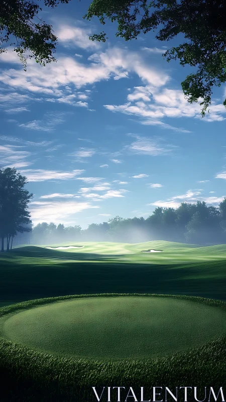 Morning mist over sculpted golf fairway and tee complex.