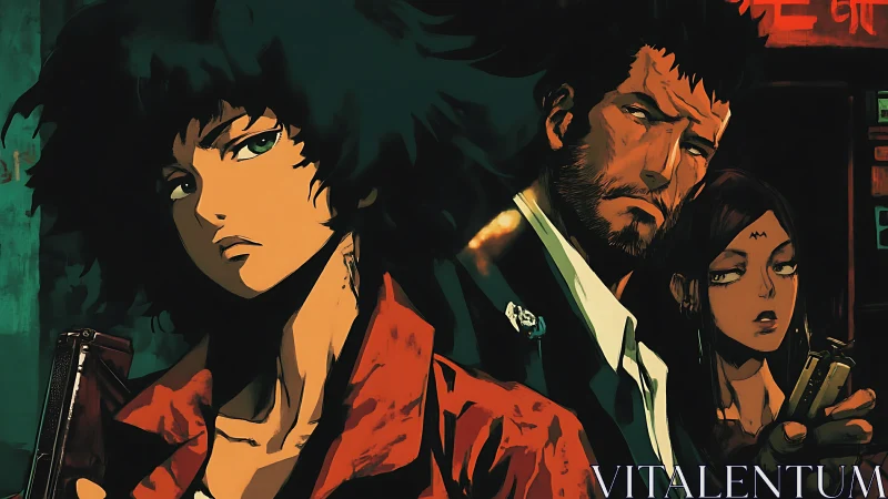 Three stylized figures stand in a dimly lit urban alleyway