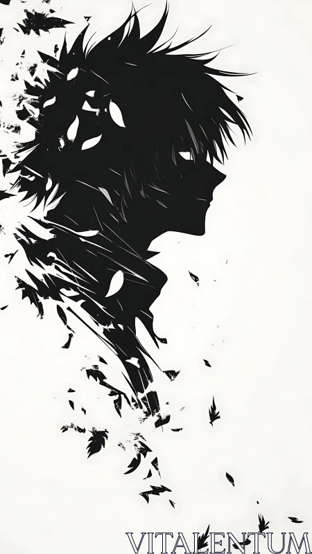 Silhouette of fragmented male profile dissolving into shapes