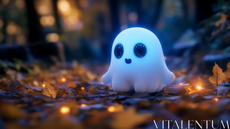 Glow-eyed chibi ghost light amid autumn leaves at dusk.