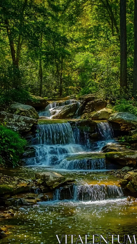 Tiered forest cascade with luminous riparian microclimate.