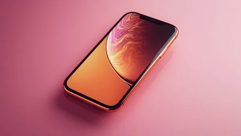 Modern orange smartphone on pink background with vibrant lighting.