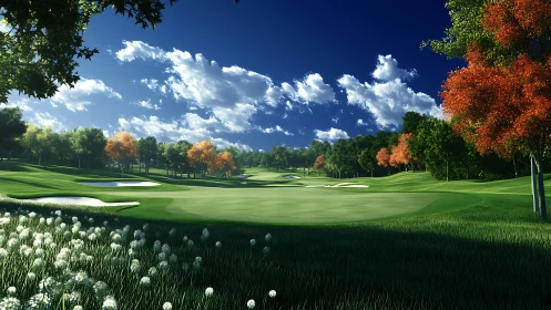 Sunlit golf course fairway under vivid autumn foliage.