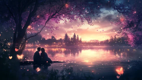 Couple by Lake at Sunset Under Glowing Cherry Blossoms.