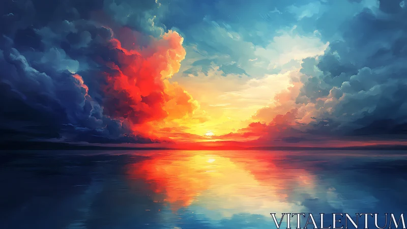 Sunset sky over calm water with mirrored color bands.