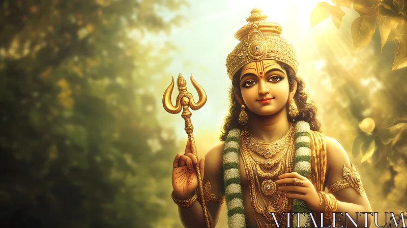 Golden forest deity bathed in gentle morning sunlight.