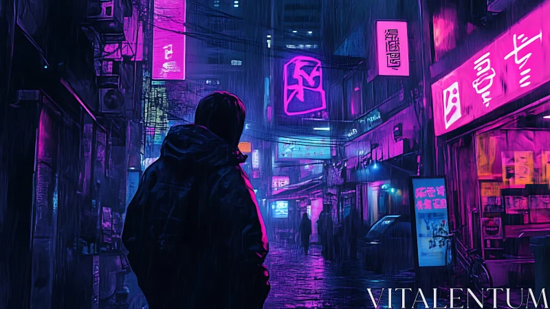 Noir figure in neon-saturated cyberpunk alleyway at night.