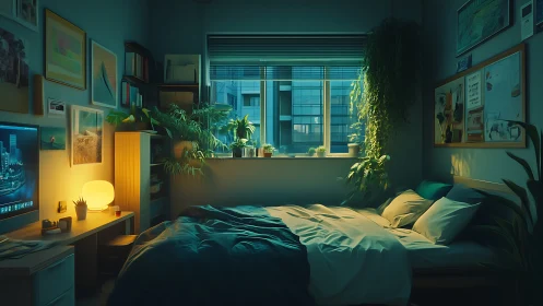 Bedroom interior shows warm desk lamp and cool window light