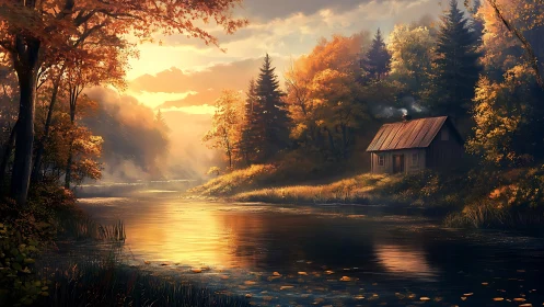 Digital painting of autumn riverside cabin with warm backlighting.