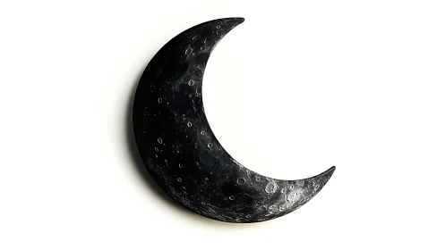 Crescent moon sculpture with cratered lunar surface texture.