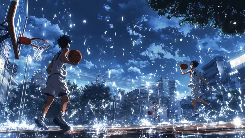 Street basketball boys under luminous blue night rain.