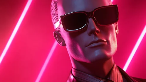 Neon-lit 3D mannequin portrait with glossy sunglasses and suit.