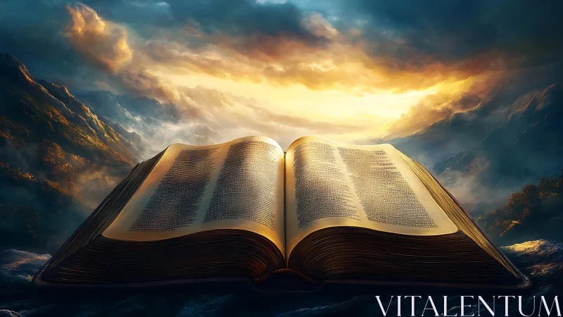 Ancient golden book rests open beneath radiant storm sky