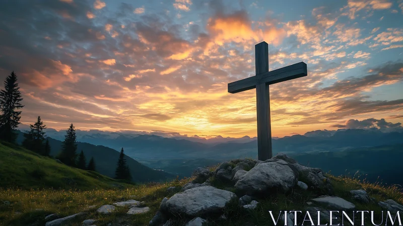 Hilltop wooden cross against vivid mountain sunset sky.